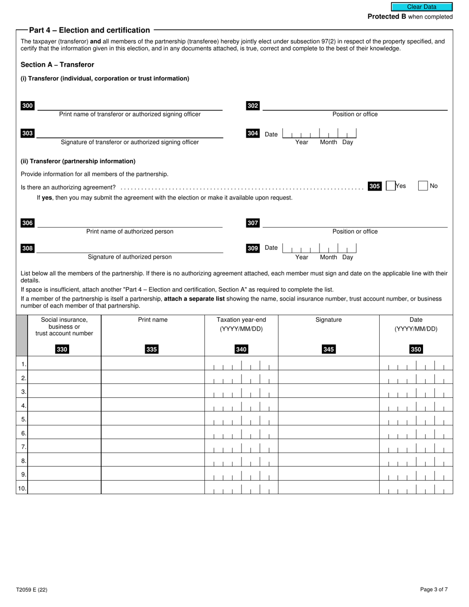 Form T2059 Election on Disposition of Property by a Taxpayer to a Canadian Partnership - Canada, Page 3