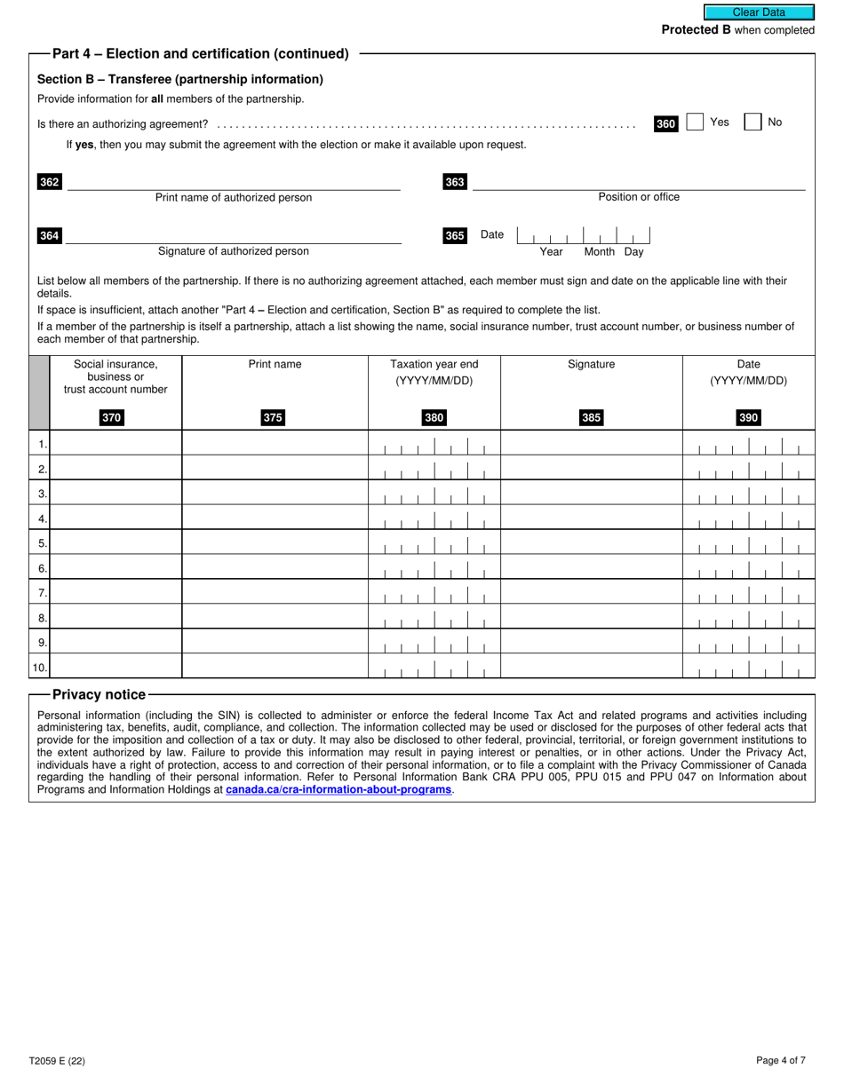 Form T2059 Election on Disposition of Property by a Taxpayer to a Canadian Partnership - Canada, Page 4