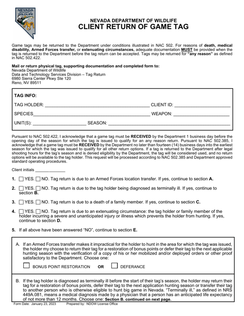 Client Return of Game Tag - Nevada Download Pdf
