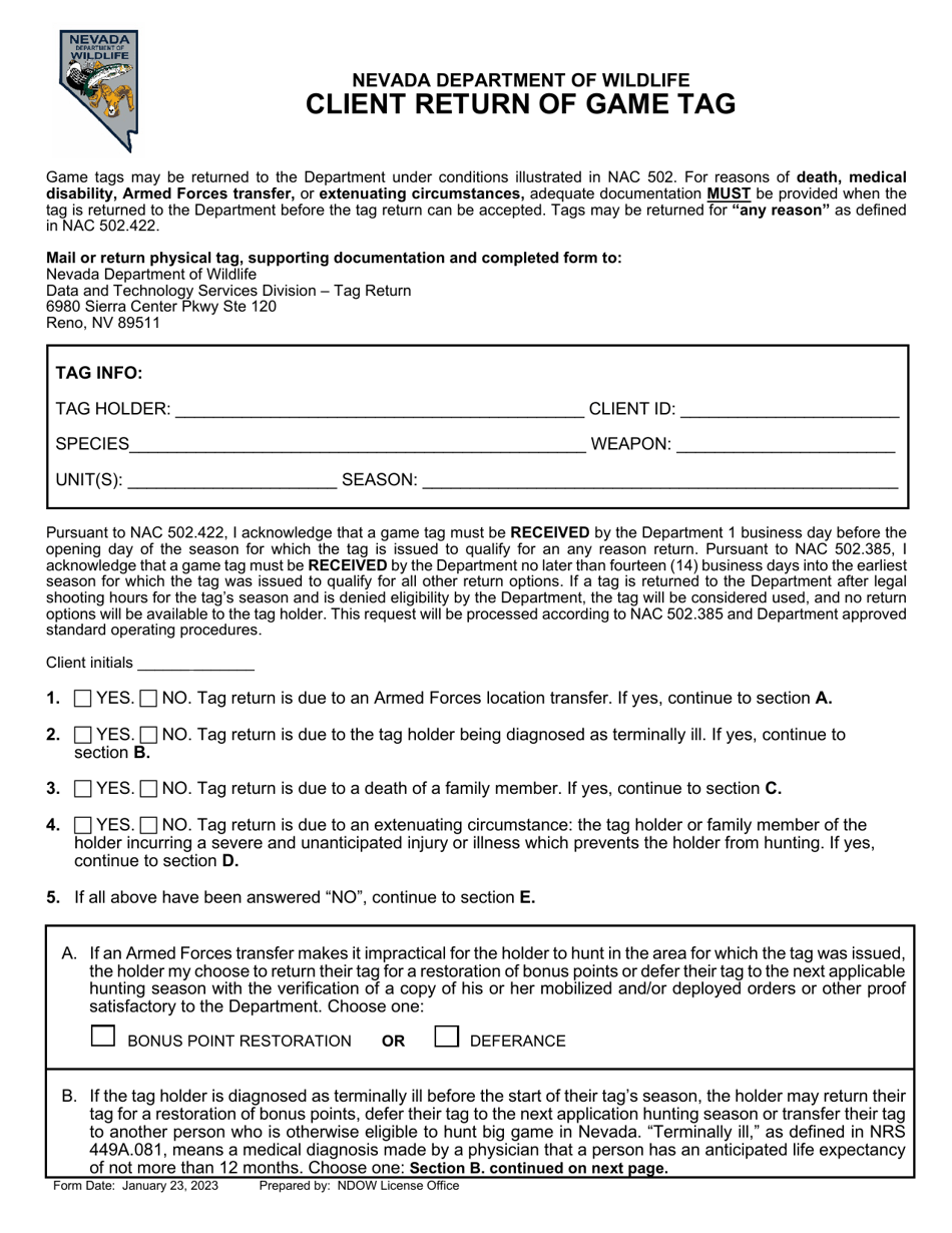 Nevada Client Return of Game Tag Download Printable PDF Templateroller