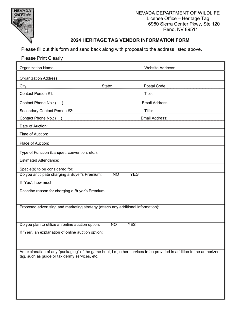 Heritage Tag Vendor Information Form - Nevada, Page 1