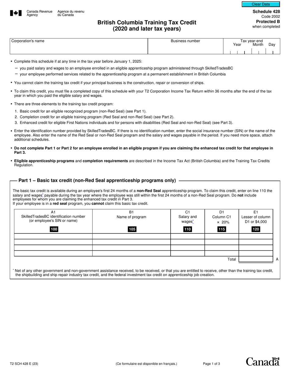 Form T2 Schedule 428 British Columbia Training Tax Credit (2020 and Later Tax Years) - Canada, Page 1