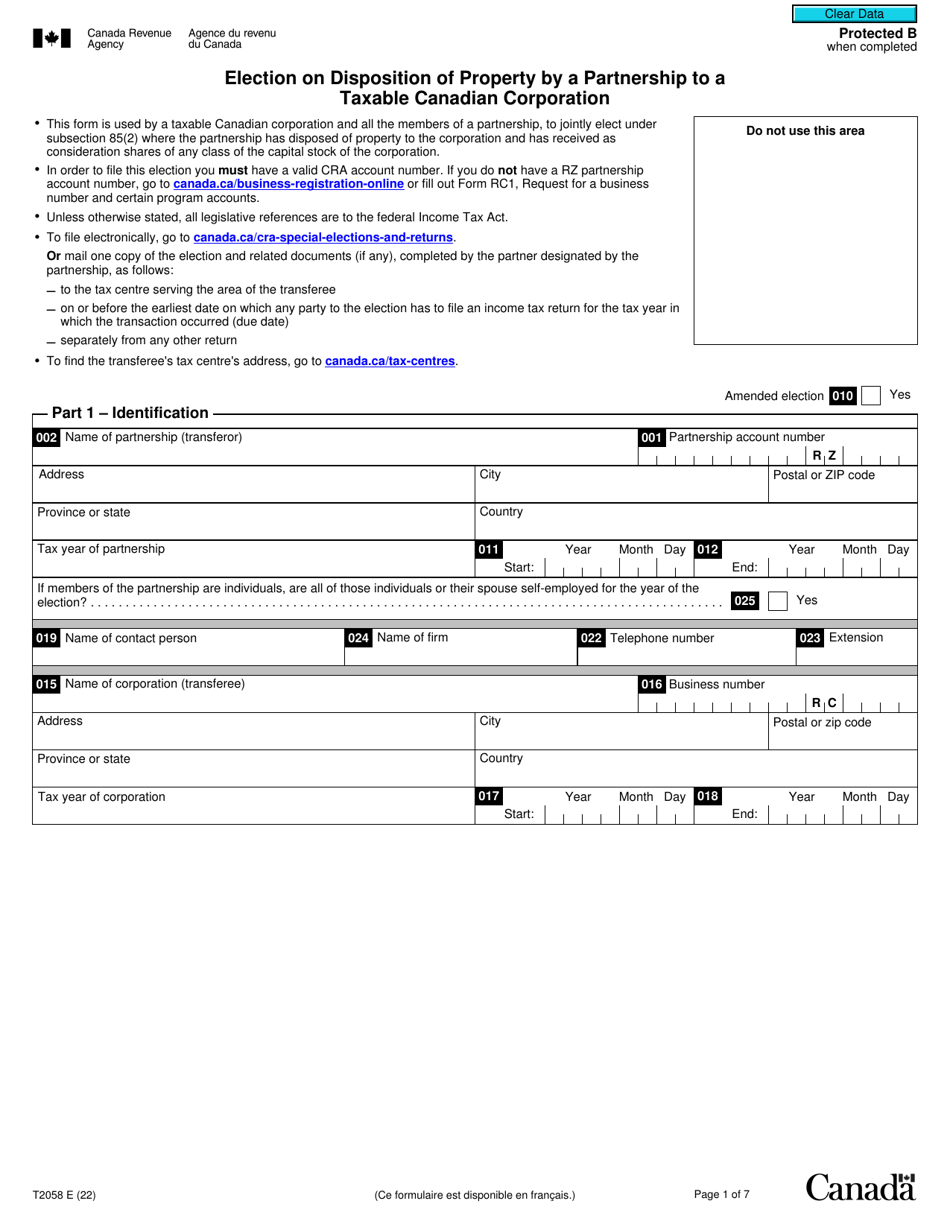 Form T2068 Election on Disposition of Property by a Partnership to a Taxable Canadian Corporation - Canada, Page 1