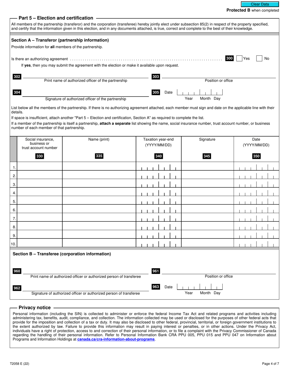 Form T2068 Election on Disposition of Property by a Partnership to a Taxable Canadian Corporation - Canada, Page 4