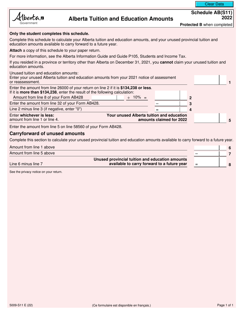 Form 5009-S11 Schedule AB(S11) Alberta Tuition and Education Amounts - Canada, Page 1