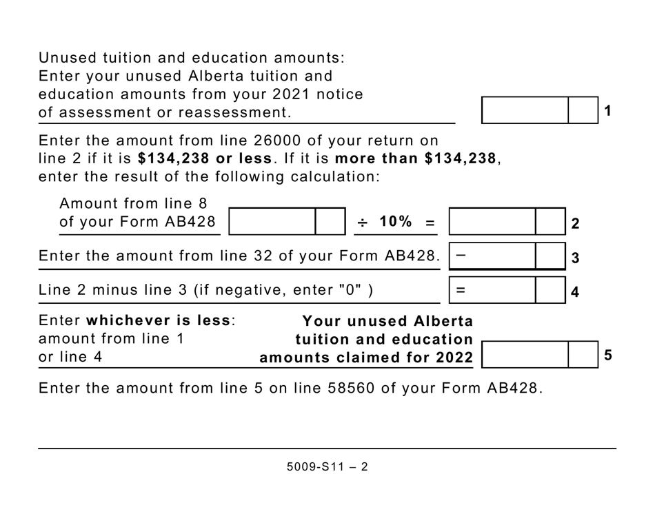 Form 5009-S11 Schedule AB(S11) Alberta Tuition and Education Amounts - Large Print - Canada, Page 2