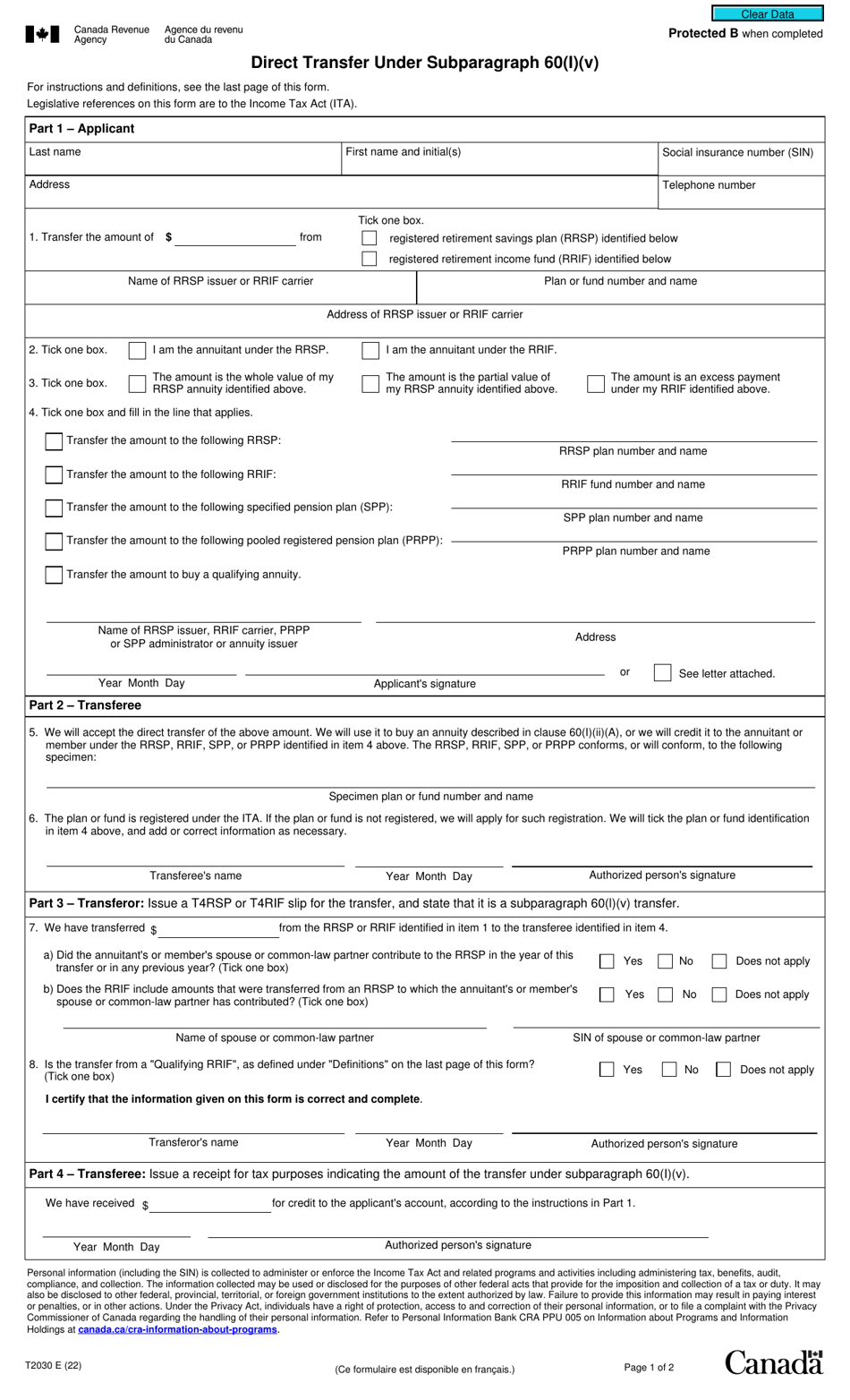 Form T2030 - Fill Out, Sign Online and Download Fillable PDF, Canada ...