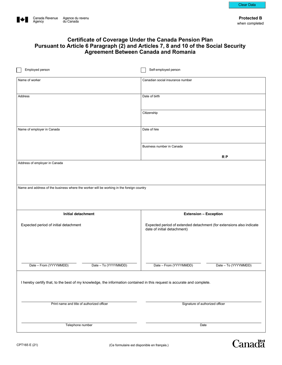 Form CPT165 Certificate of Coverage Under the Canada Pension Plan Pursuant to Article 6 Paragraph (2) and Articles 7, 8 and 10 of the Social Security Agreement Between Canada and Romania - Canada, Page 2