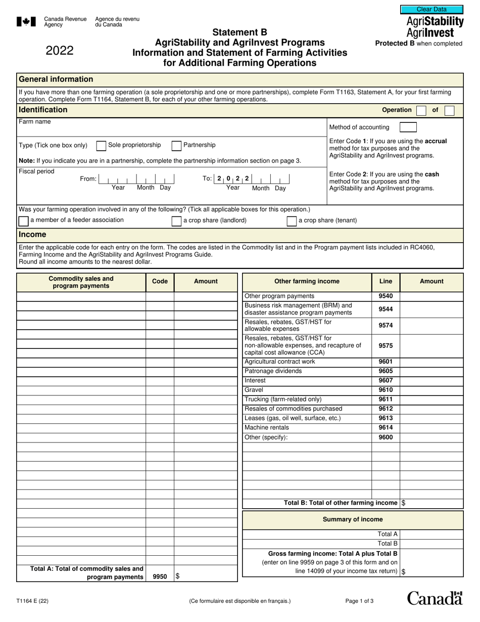 Form T1164 Statement B - Agristability and Agriinvest Programs Information and Statement of Farming Activities for Additional Farming Operations - Canada, Page 1