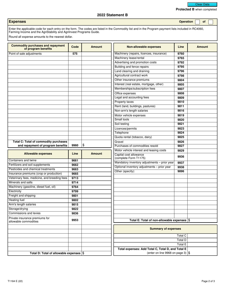 Form T1164 Statement B - Agristability and Agriinvest Programs Information and Statement of Farming Activities for Additional Farming Operations - Canada, Page 2