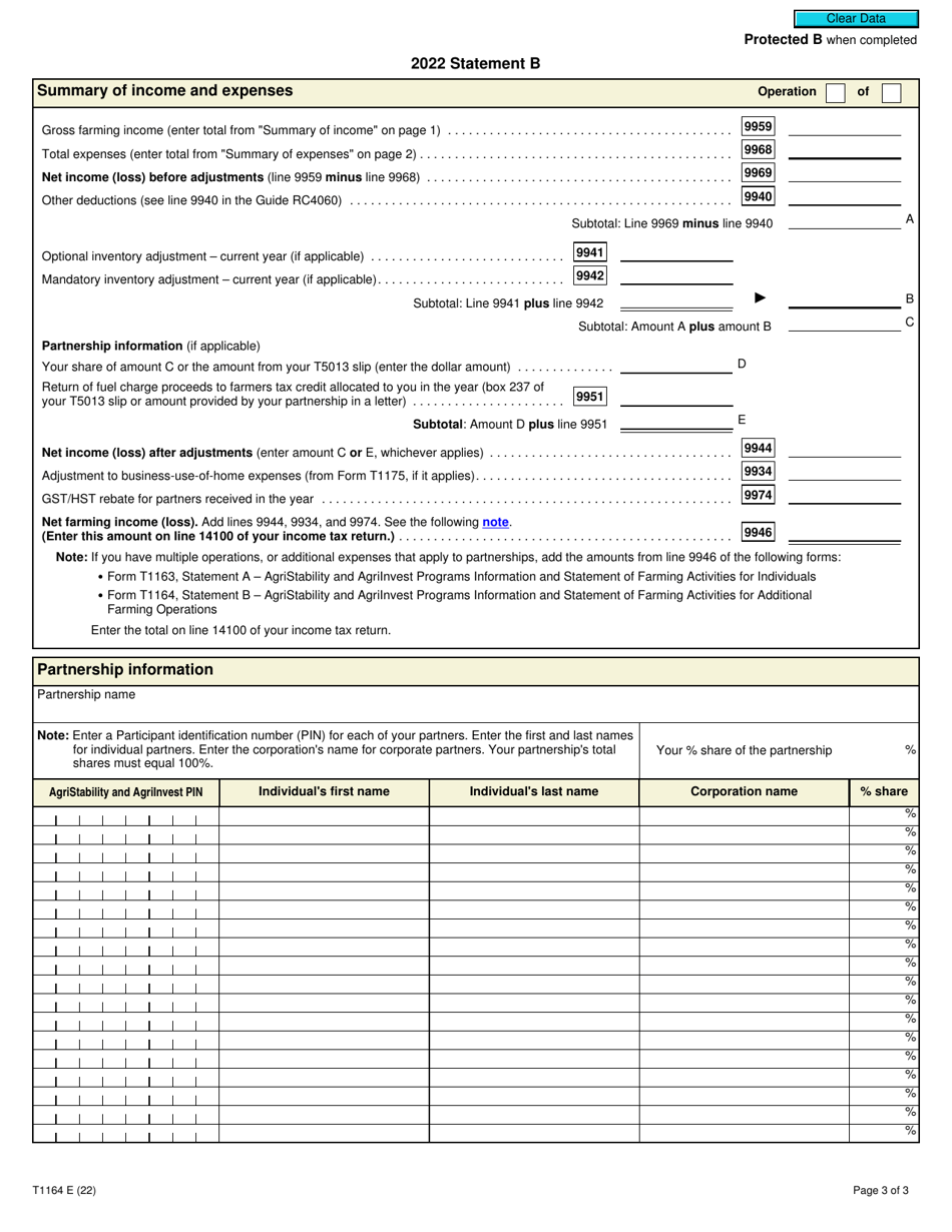 Form T1164 Statement B - Agristability and Agriinvest Programs Information and Statement of Farming Activities for Additional Farming Operations - Canada, Page 3