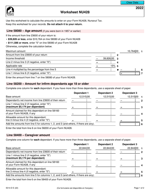 Form 5014-D Worksheet NU428 2022 Printable Pdf