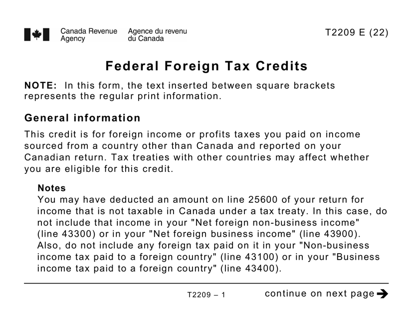 Form T2209 Federal Foreign Tax Credits - Large Print - Canada, 2022