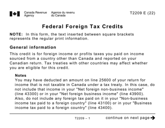 Form T2209 Federal Foreign Tax Credits - Large Print - Canada