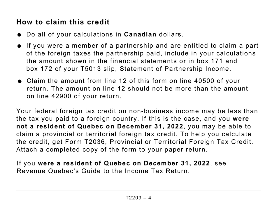 Form T2209 Federal Foreign Tax Credits - Large Print - Canada, Page 4