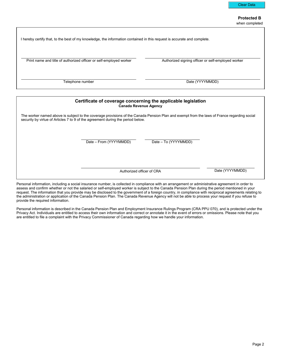 Form CPT52 Certificate of Coverage Under the Canada Pension Plan Pursuant to Article VII of the Agreement on Social Security Between Canada and France - Canada, Page 3