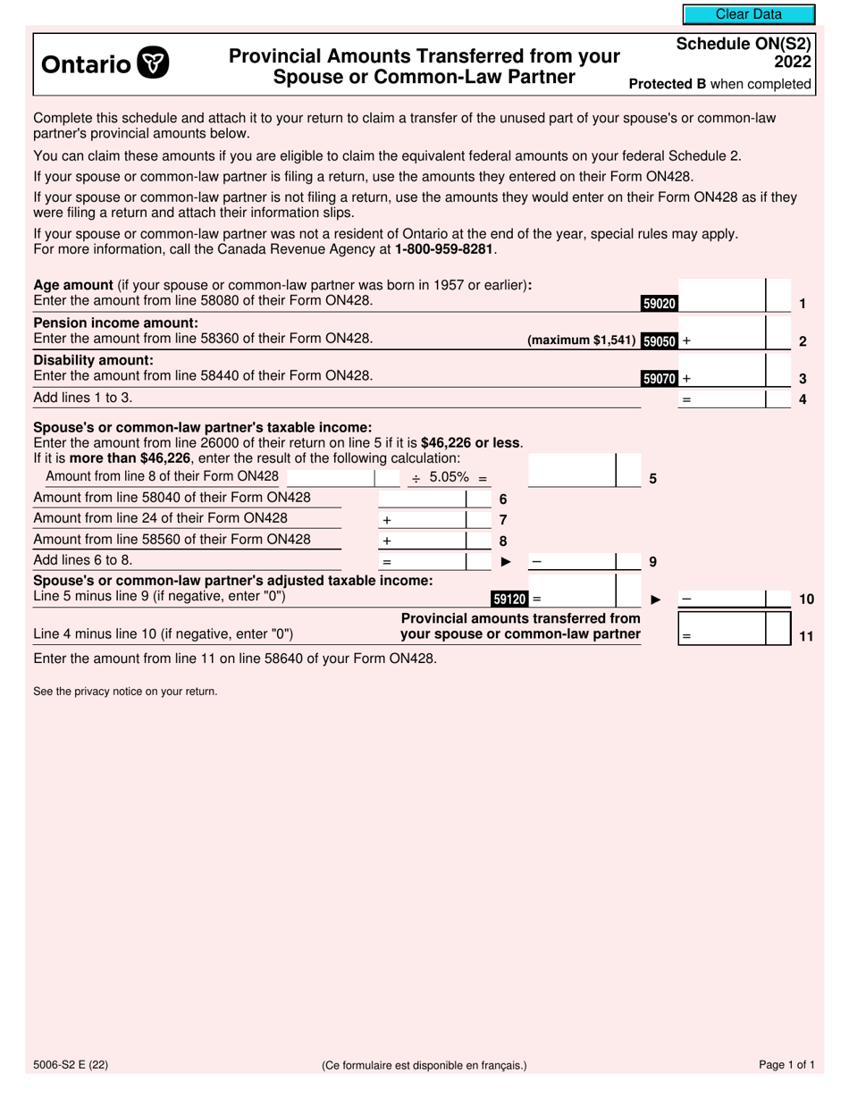 Form 5006-S2 Schedule ON(S2) Provincial Amounts Transferred From Your Spouse or Common-Law Partner - Canada, Page 1