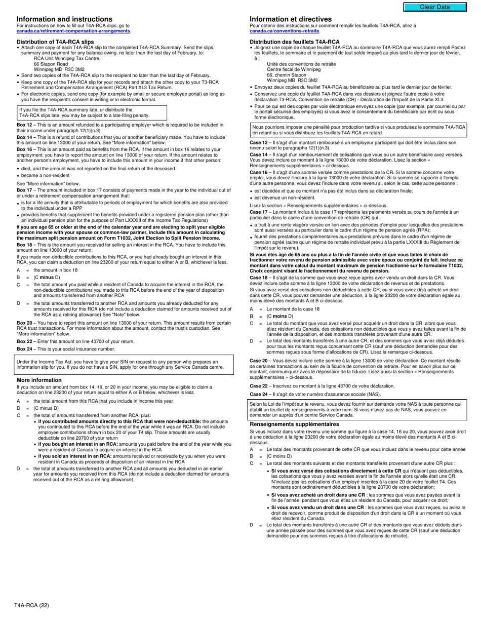 Form T4A-RCA Statement of Distributions From a Retirement Compensation Arrangement (Rca) - Canada (English / French), Page 2
