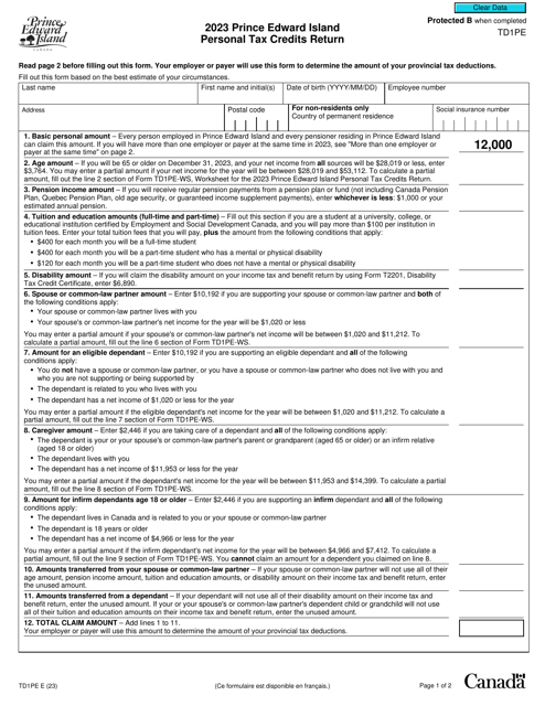 Form TD1PE Prince Edward Island Personal Tax Credits Return - Canada, 2023