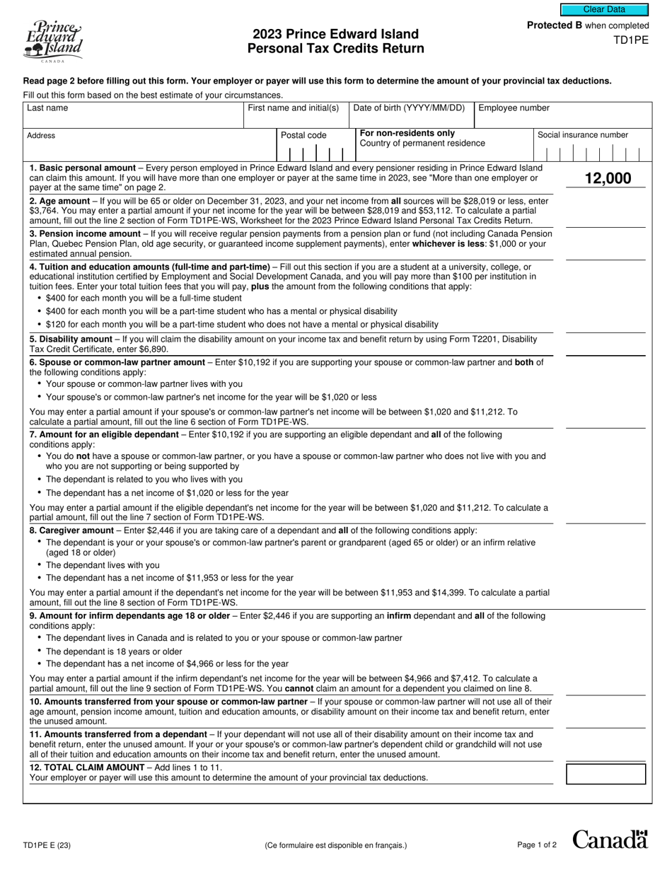 Form TD1PE Prince Edward Island Personal Tax Credits Return - Canada, Page 1