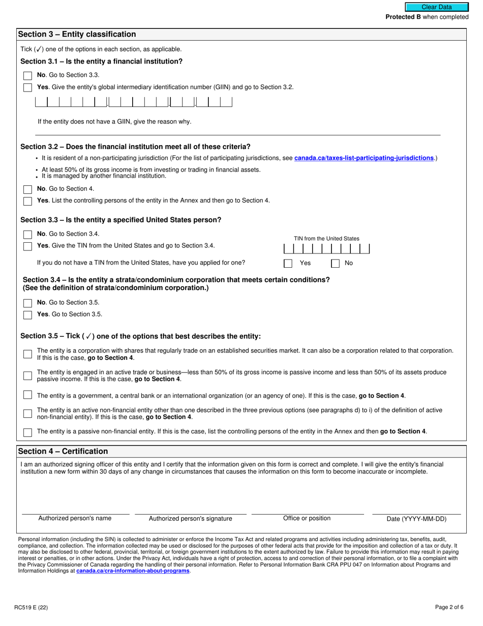 Form RC519 Declaration of Tax Residence for Entities - Part Xviii and Part Xix of the Income Tax Act - Canada, Page 2