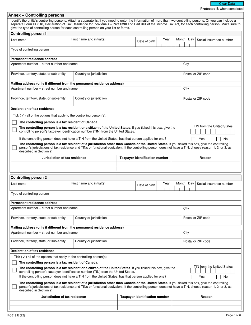 Form RC519 Declaration of Tax Residence for Entities - Part Xviii and Part Xix of the Income Tax Act - Canada, Page 3