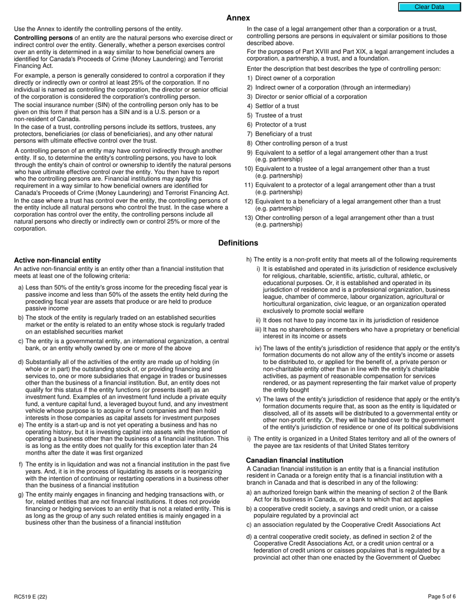 Form RC519 Declaration of Tax Residence for Entities - Part Xviii and Part Xix of the Income Tax Act - Canada, Page 5