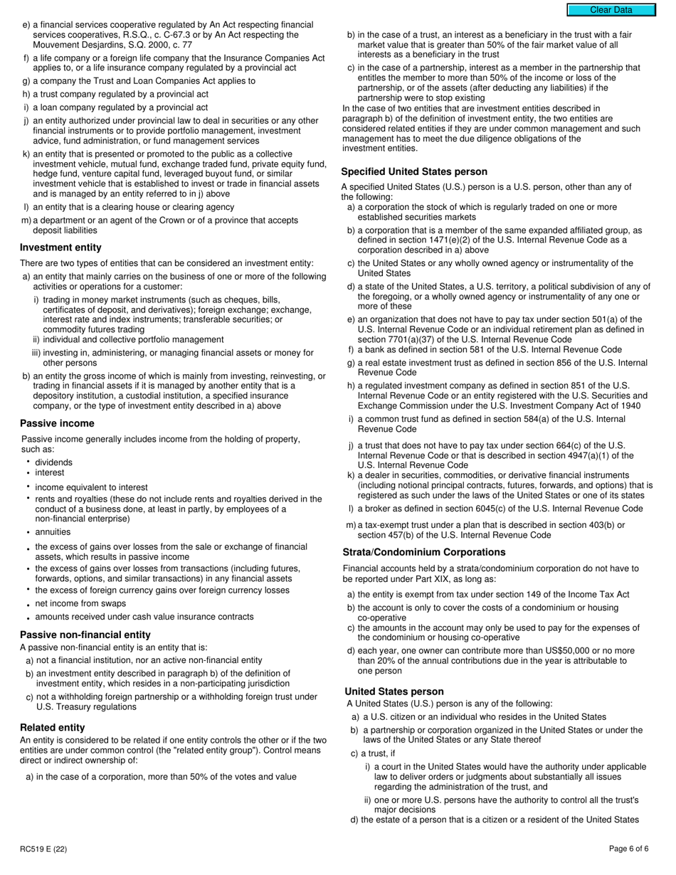 Form RC519 Declaration of Tax Residence for Entities - Part Xviii and Part Xix of the Income Tax Act - Canada, Page 6