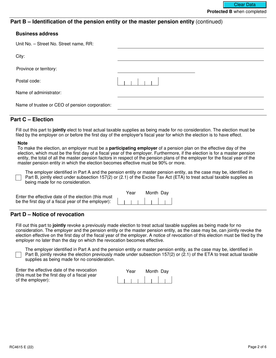 Form RC4615 Election or Revocation of the Election to Not Account for Gst / Hst on Actual Taxable Supplies - Canada, Page 2