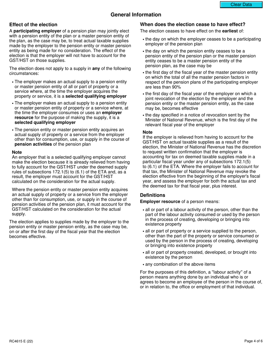 Form RC4615 Election or Revocation of the Election to Not Account for Gst / Hst on Actual Taxable Supplies - Canada, Page 4