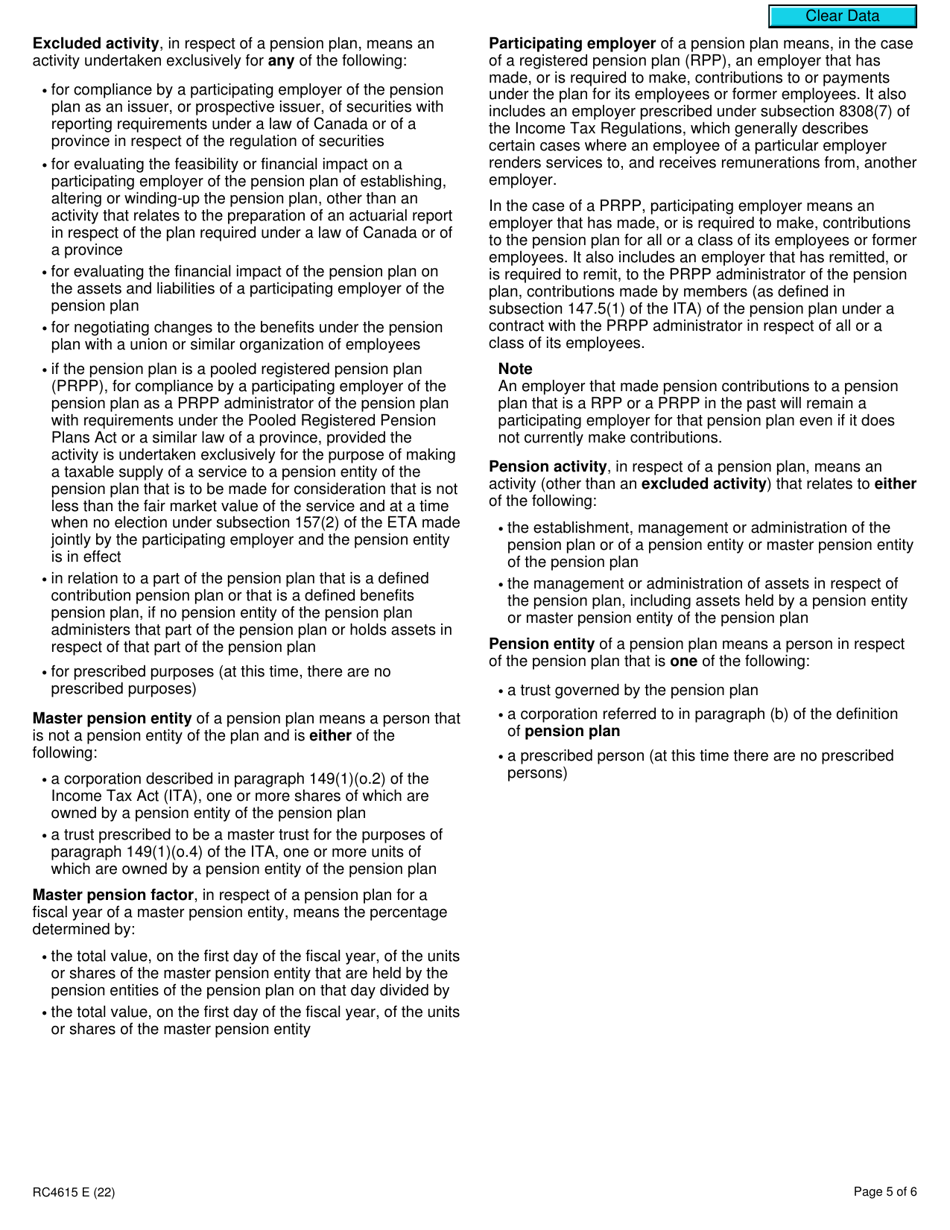 Form RC4615 Election or Revocation of the Election to Not Account for Gst / Hst on Actual Taxable Supplies - Canada, Page 5