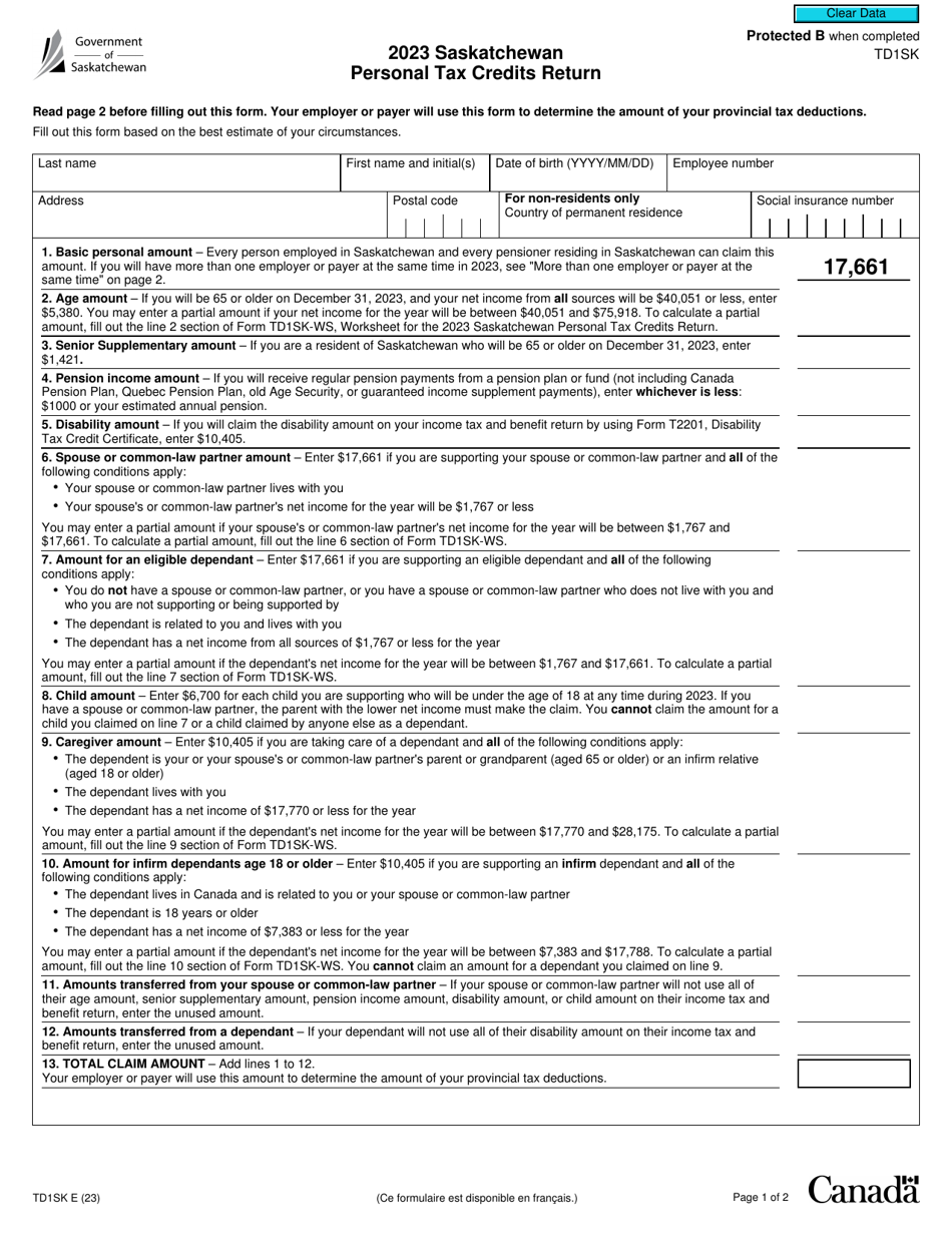 Form TD1SK Fill Out, Sign Online and Download Fillable PDF, Canada