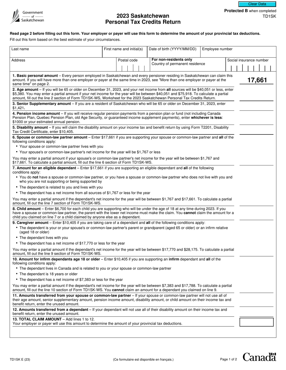 Form TD1SK Saskatchewan Personal Tax Credits Return - Canada, Page 1