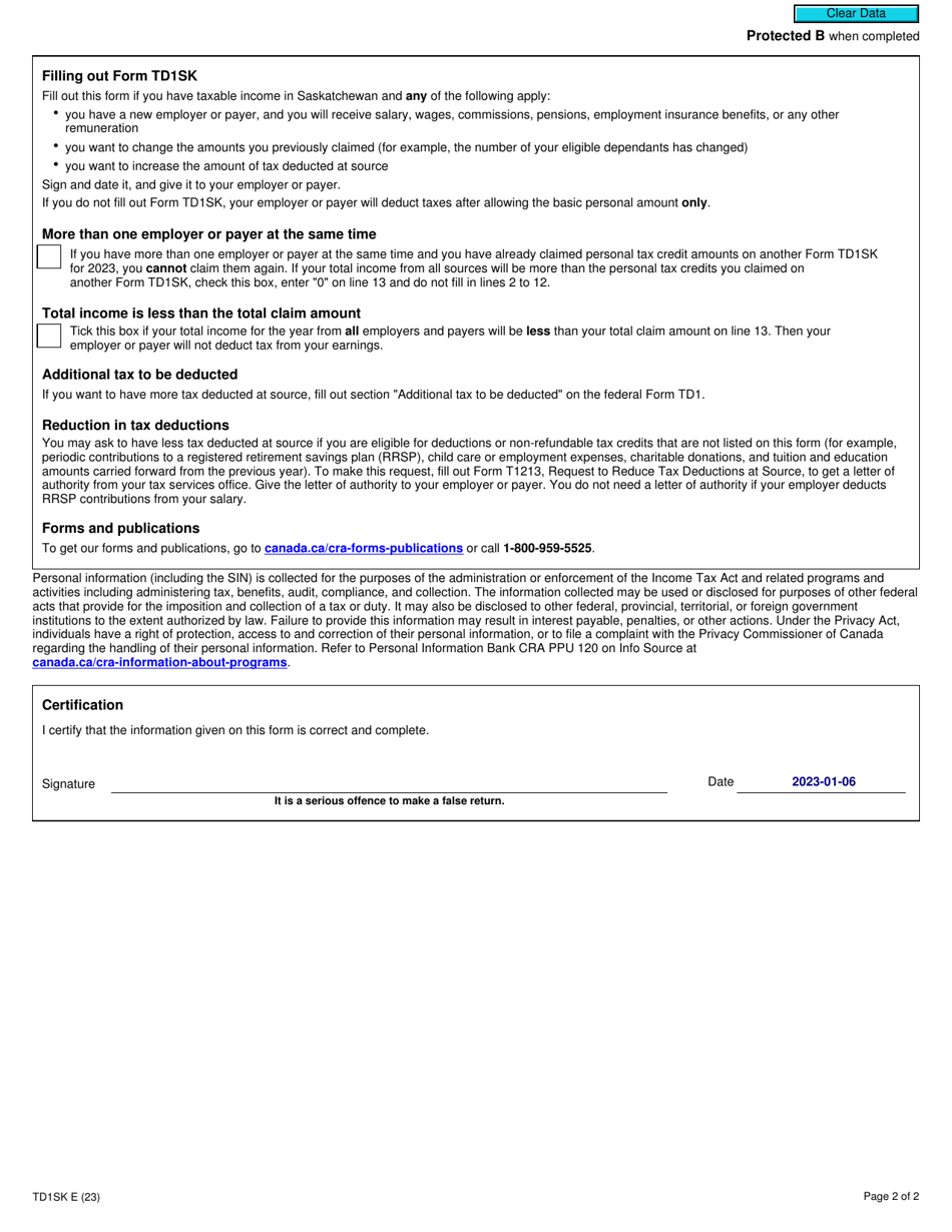 Form TD1SK Download Fillable PDF or Fill Online Saskatchewan Personal