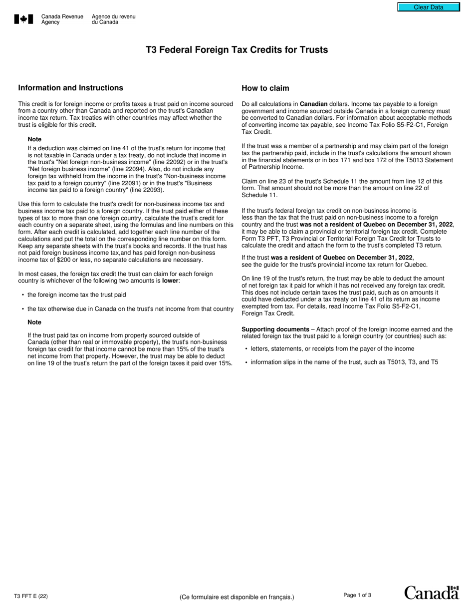 Form T3 FFT T3 Federal Foreign Tax Credits for Trusts - Canada, Page 1