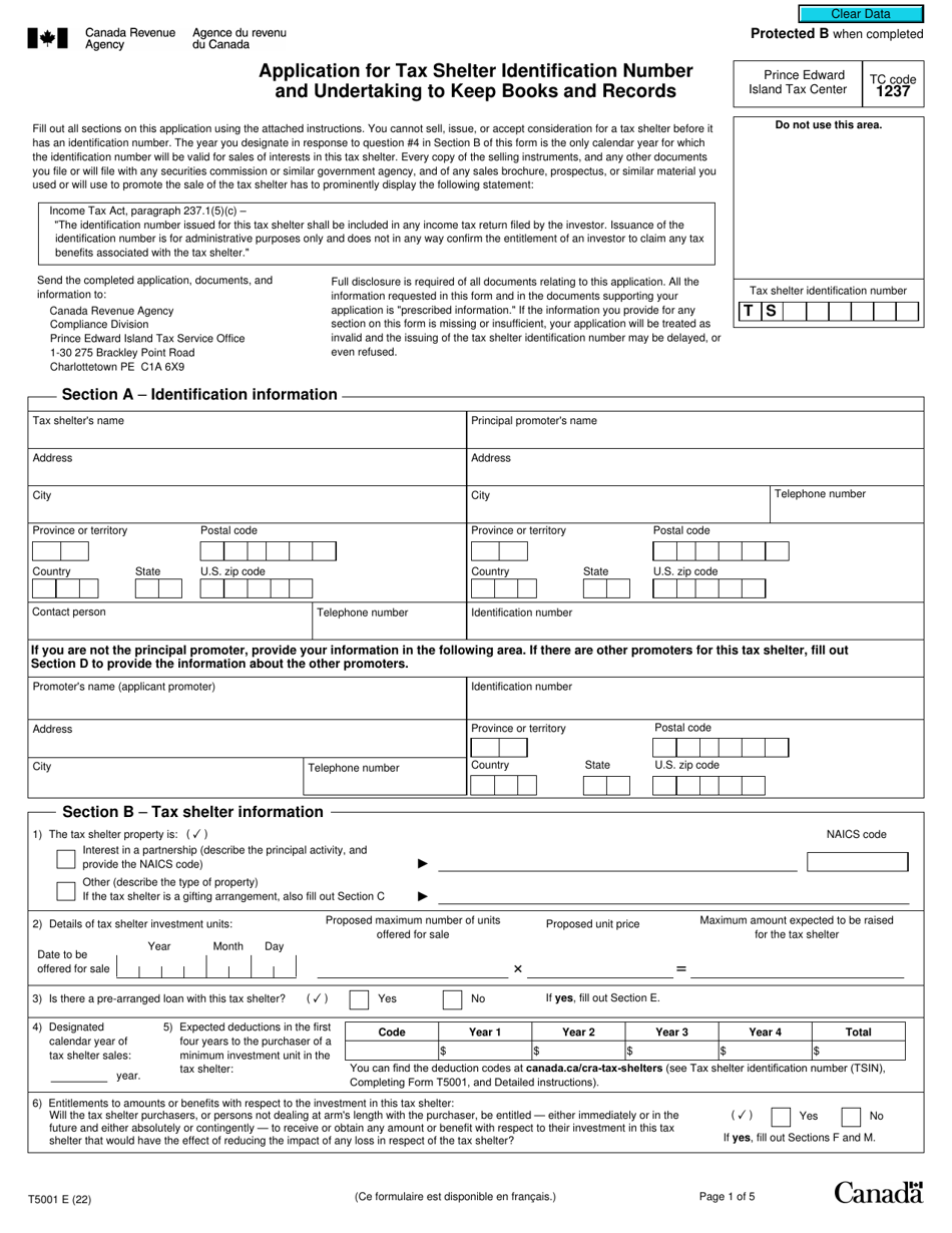 Form T5001 Application for Tax Shelter Identification Number and Undertaking to Keep Books and Records - Canada, Page 1