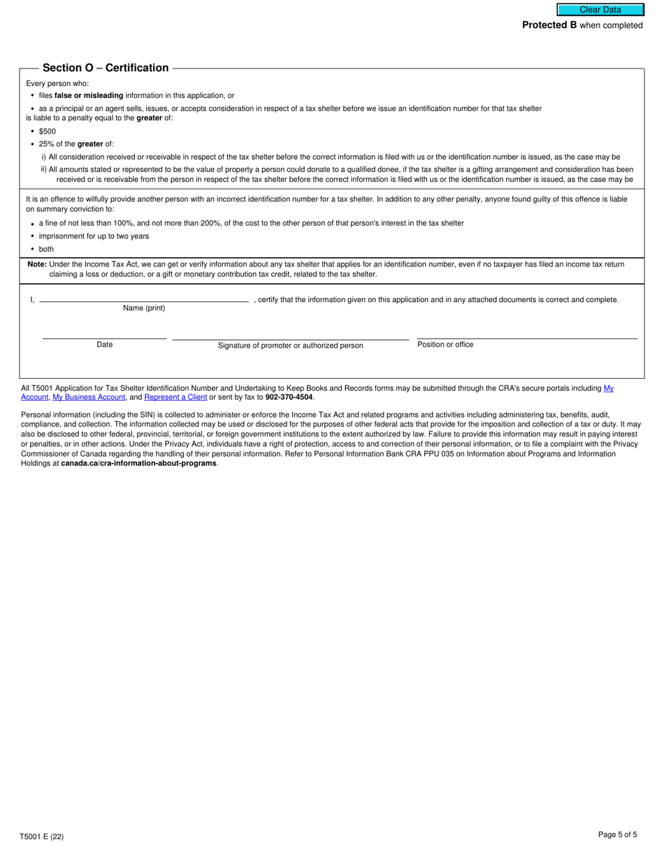 Form T5001 Application for Tax Shelter Identification Number and Undertaking to Keep Books and Records - Canada, Page 5