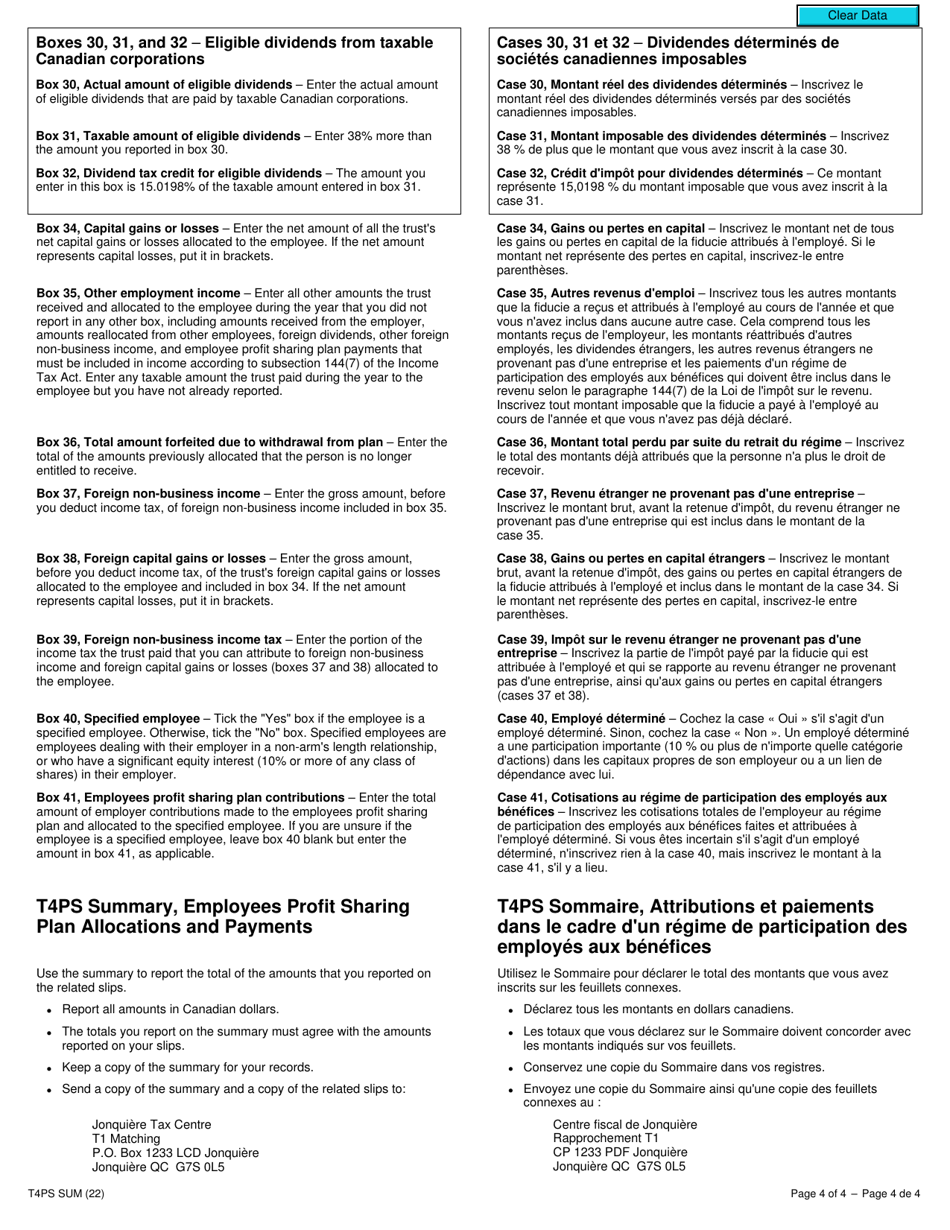 Form T4PS SUM Employees Profit Sharing Plan Allocations and Payments - Canada (English / French), Page 4