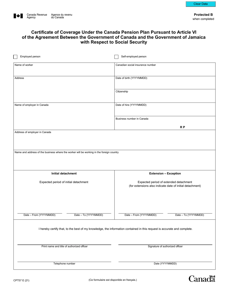 Form CPT57 Certificate of Coverage Under the Canada Pension Plan Pursuant to Article VI of the Agreement on Social Security Between Canada and Jamaica - Canada, Page 2