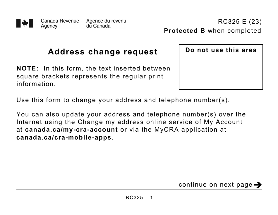 Form RC325 Address Change Request - Large Print - Canada, Page 1