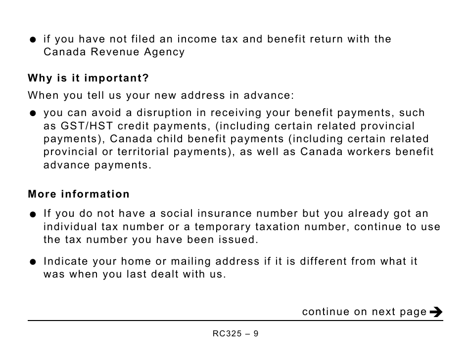 Form RC325 Address Change Request - Large Print - Canada, Page 9