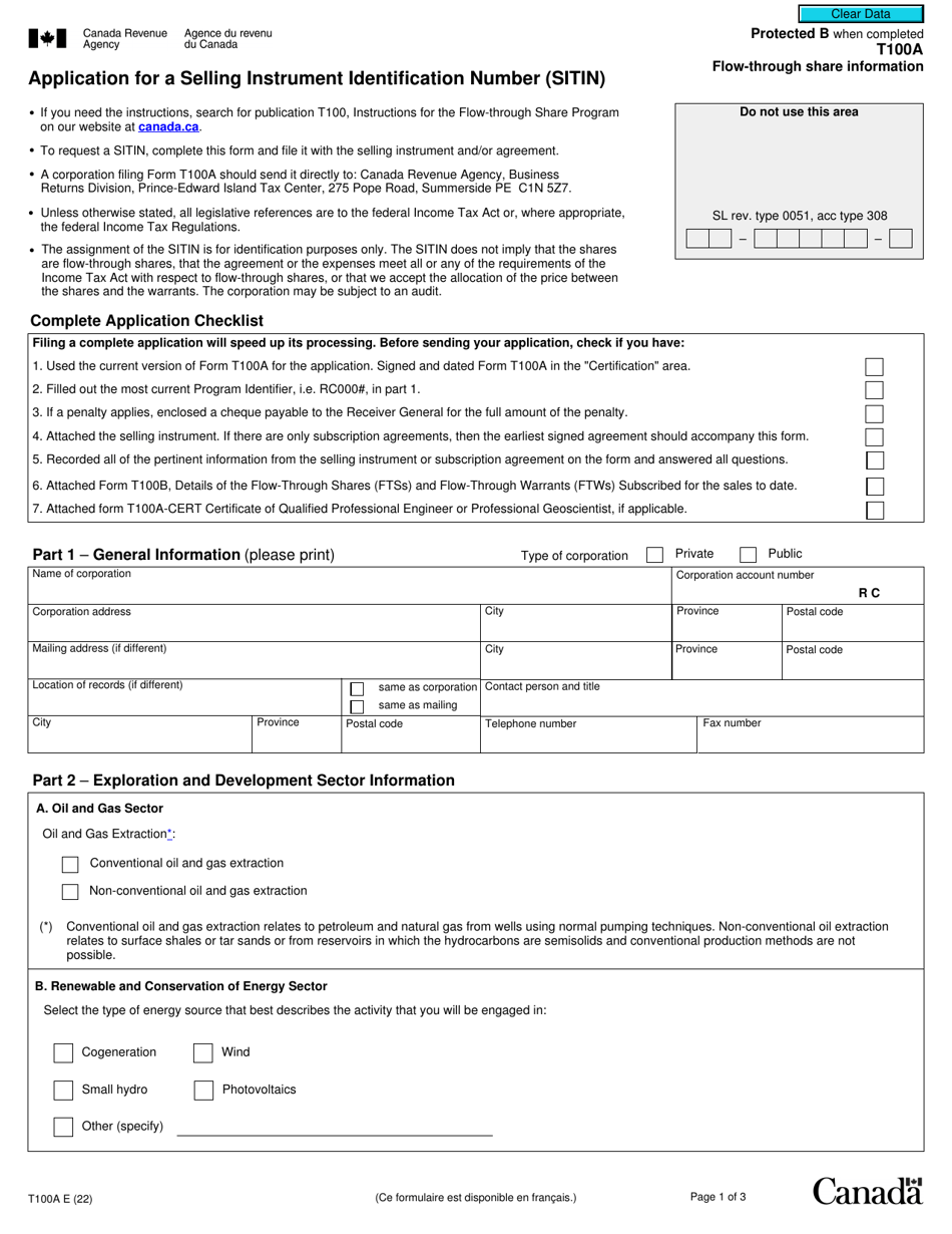 Form T100A - Fill Out, Sign Online and Download Fillable PDF, Canada ...