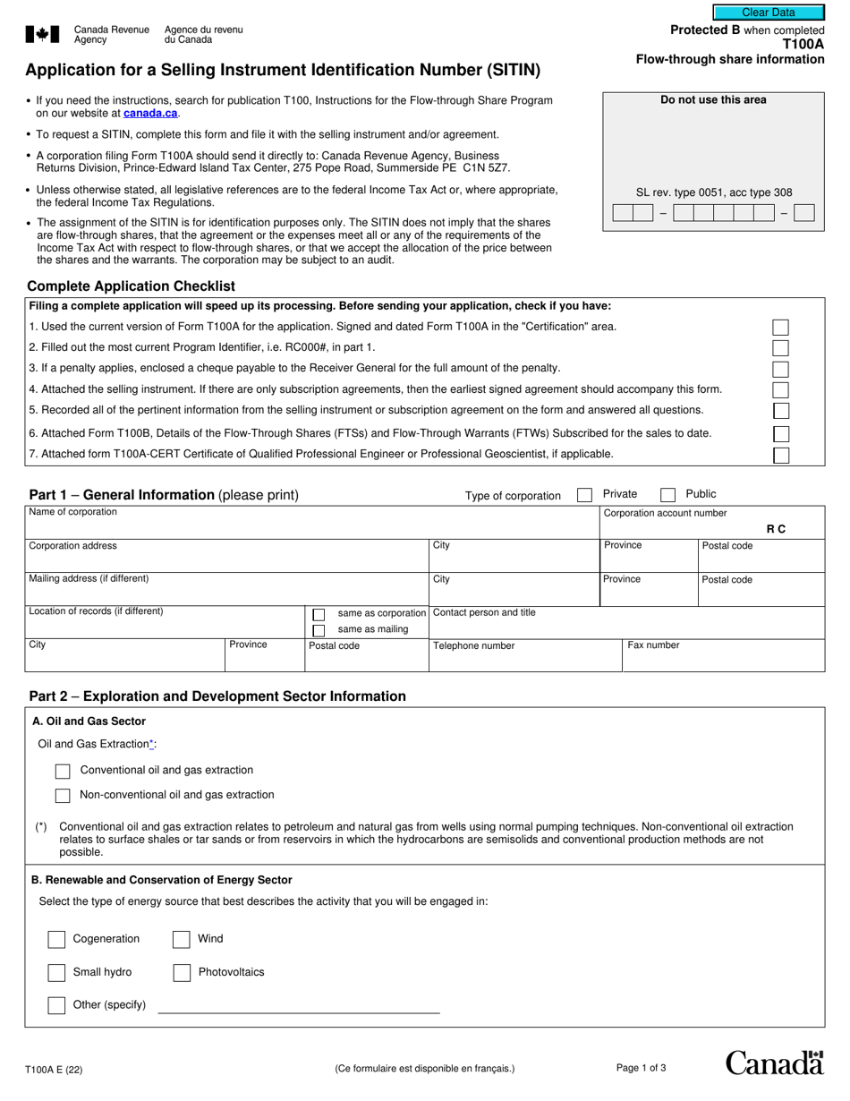 Form T100A Application for a Selling Instrument Identification Number (Sitin) - Canada, Page 1