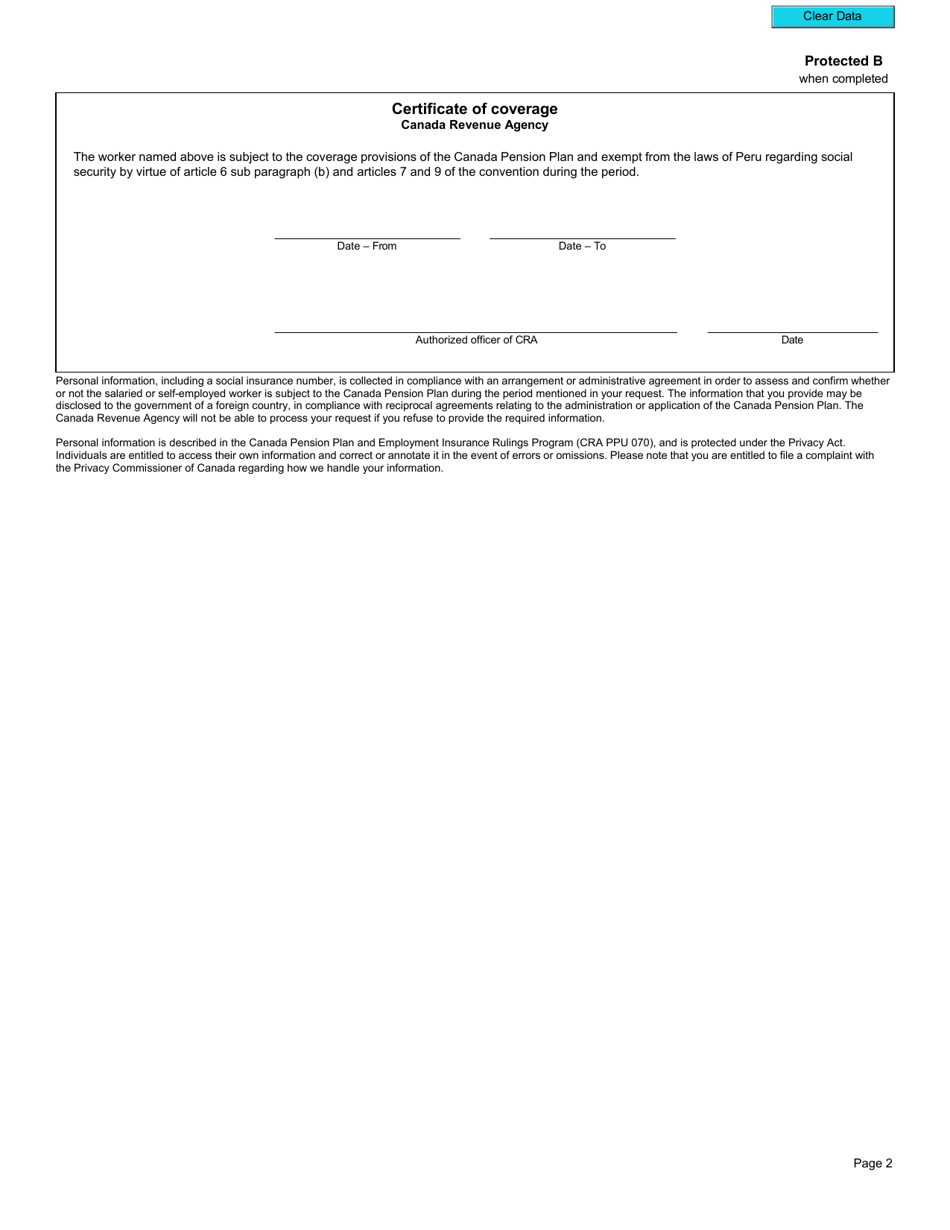 Form CPT172 Certificate of Coverage Under the Canada Pension Plan Pursuant to Article 6 Sub-paragraph (B) and Articles 7 and 9 of the Convention on Social Security Between Canada and the Republic of Peru - Canada, Page 3