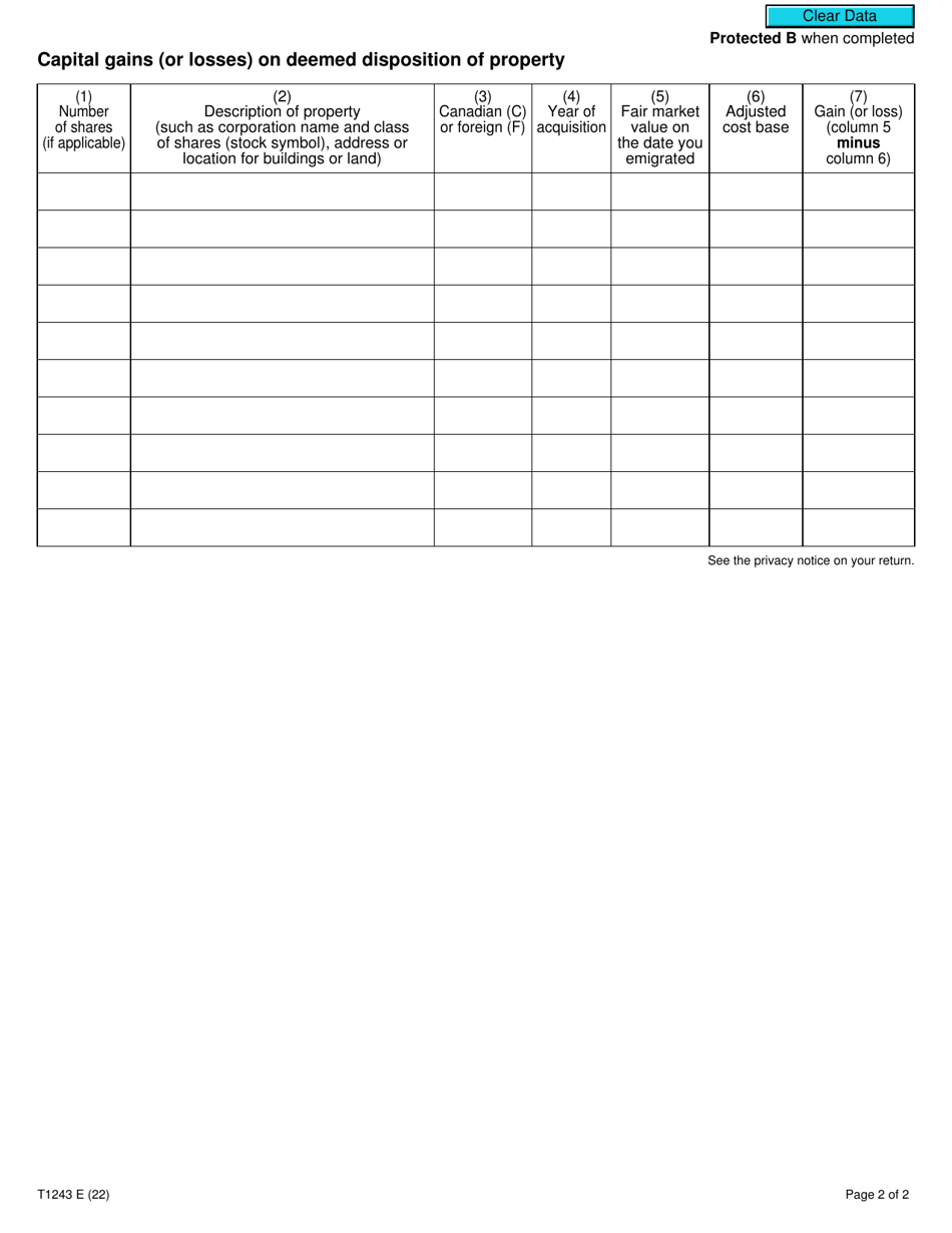 Form T1243 Deemed Disposition of Property by an Emigrant of Canada - Canada, Page 2
