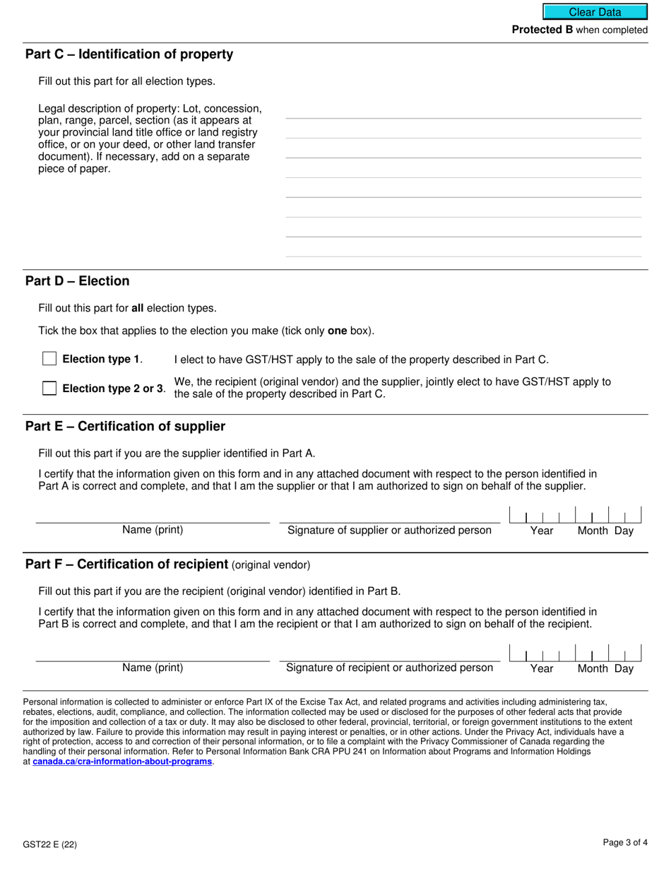 Form GST22 Real Property Election to Make Certain Sales Taxable - Canada, Page 3