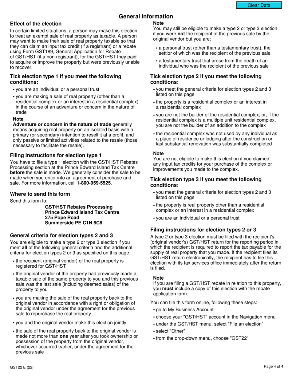 Form GST22 Real Property Election to Make Certain Sales Taxable - Canada, Page 4