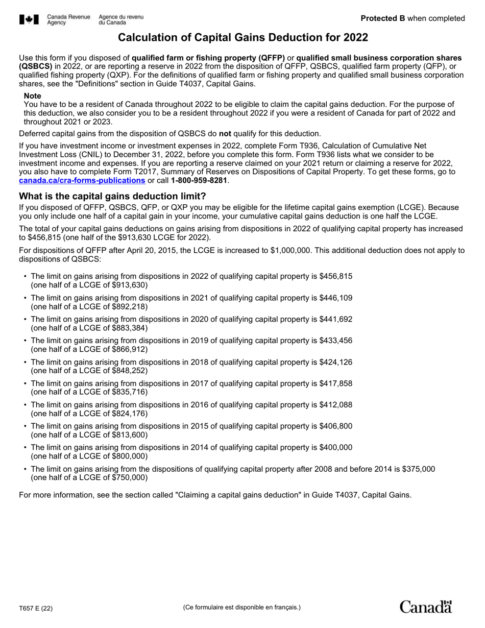 Form T657 Calculation of Capital Gains Deduction - Canada, Page 1