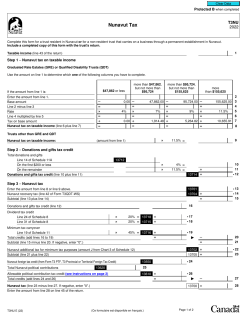 Form T3NU Nunavut Tax - Canada, 2022