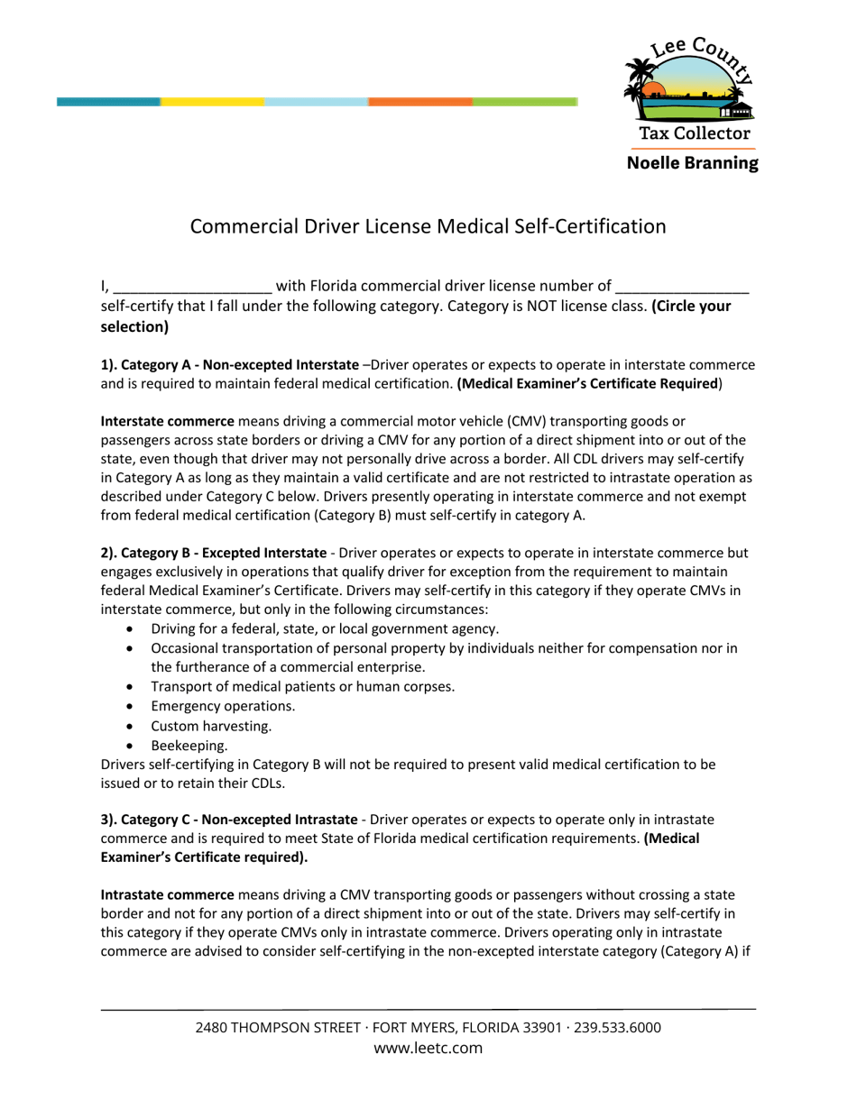 Commercial Driver License Medical Self-certification - Lee County, Florida, Page 1